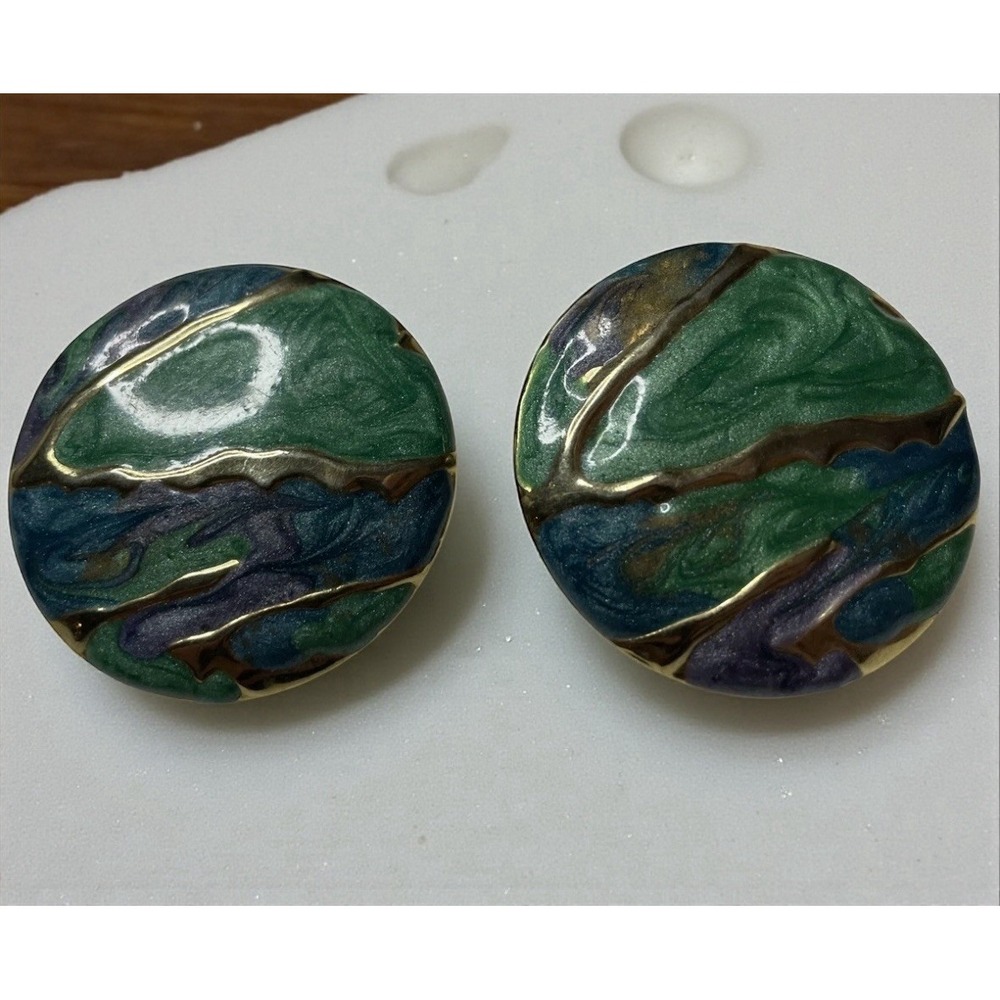Enamel Peacock Earrings Wavy‎ Shimmer Enamel Pierced Button Post Gold Tone VTG